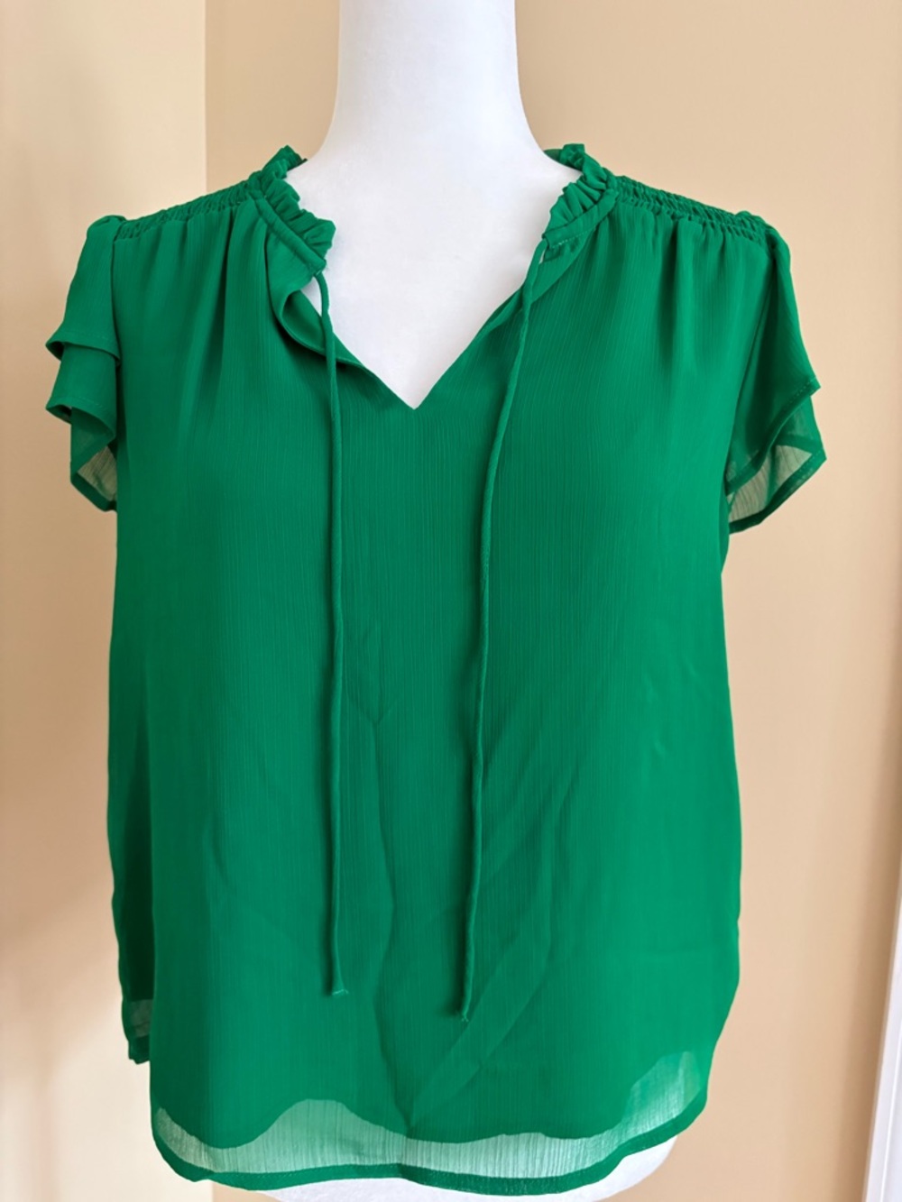 CeCe Emerald Green Ruffle Tie-Neck Blouse